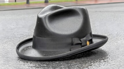 Classic Black Fedora Hat on Wet Ground After Rain Stylish Men's Accessory