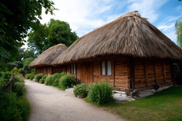 Exploring Traditional Thatched Roof Cottage with Garden Pathway in Rural Setting