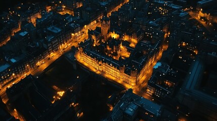 Obraz premium Aerial view of a cityscape illuminated at night, showcasing architecture and urban life.