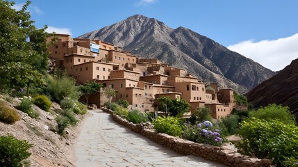 Obraz premium Picturesque Mountain Village Pathway Winding Through Traditional Adobe Houses