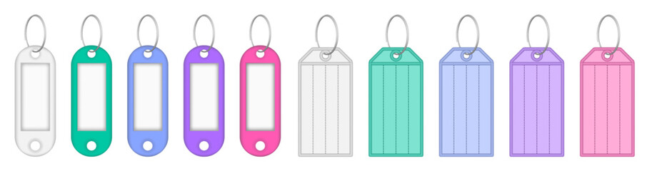 Set of multicolored key tags with split ring and window. White, teal, purple, blue and pink labels. Keyring, keychain	
