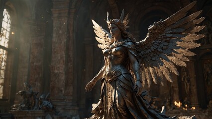 A statue of Furtina, her wings torn apart into countless shards of light by time