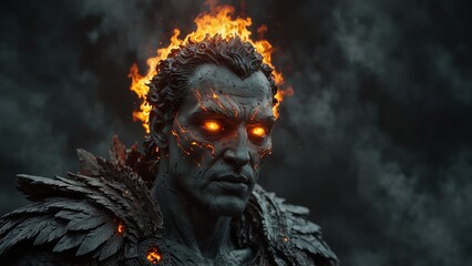 A statue of Evelon, flames dripping from his eye sockets, transforming into fallen feathers