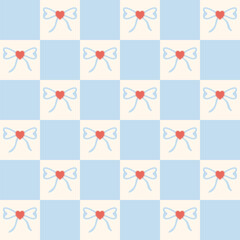 checkered blue coquette bows and hearts seamless pattern. for prints, wrapping paper, wallpaper, textile, stationary, fabric