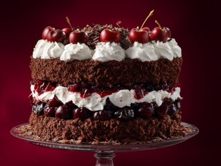 A towering black forest cake with layers of cherry compote, whipped cream, and chocolate shavings, isolated deep cherry red background, rich, indulgent, and decadent