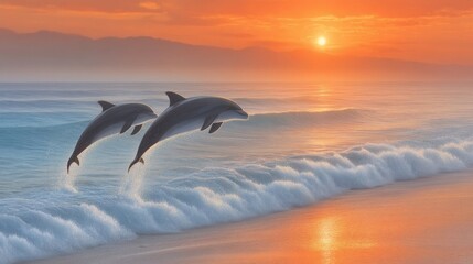 Two Dolphins Leap Joyfully at Sunset Ocean
