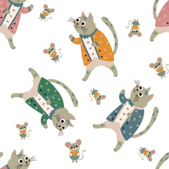 cute cats in bright jackets with little mice. seamless pattern