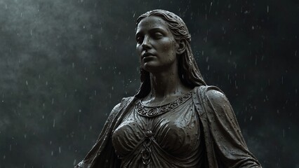 A statue of Vientis, soaked by rain falling from the void onto her stone robes