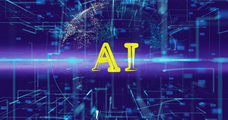 AI title, text appears against the background of an abstraction of a digital planet with data and a connected network of lines. Concept of neural network cyberspace, metaverse.