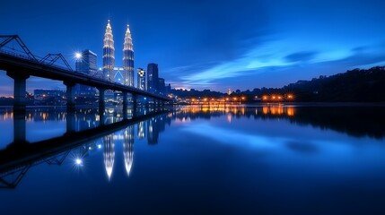 Obraz premium City skyline reflected in calm waters at dawn