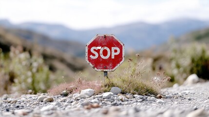 Stop sign in rugged terrain