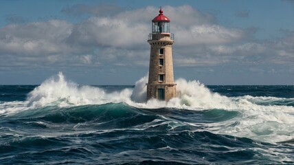 Waves hit the lighthouse in the middle of the sea
