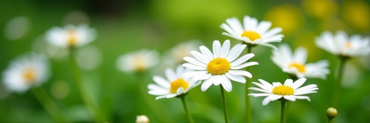 Obraz premium Group of white daisies with yellow centers in a garden, yellow, petals, garden