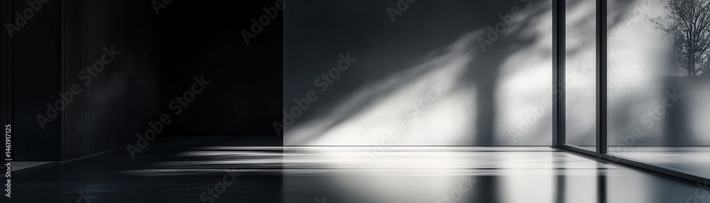 Poster Abstract Architecture Featuring Contrasting Shadows and Light Reflecting Off Modern Interior Surfaces with Minimalist Design Elements and Geometric Patterns in a Gray Monochrome Palette