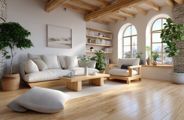 An empty living room with white walls, wooden floors, and ceiling windows.