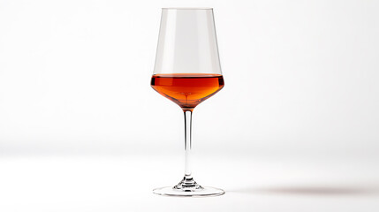 Elegant crystal glass filled with amber liquid reflecting on a white background and surface.