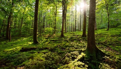 Obraz premium sun dappled forest floor vibrant green canopy undergrowth scene