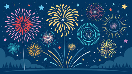 Colorful fireworks exploding in night sky with copy space