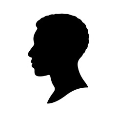 A side profile silhouette of a man with curly hair, depicted in solid black. Vector illustration.