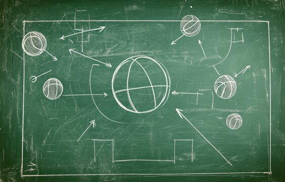 Gameplay strategy, drawn on a chalkboard, with basketballs and arrows depicting movement