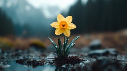 The striking image captures a solitary daffodil with sparkling raindrops gently glistening, set against a backdrop of magnificent misty mountains, evoking calmness.