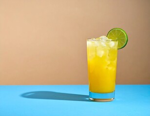 Fototapeta premium A tall glass of yellow cocktail with lime and ice sits on a blue surface, casting a shadow beneath it against a soft light brown background.