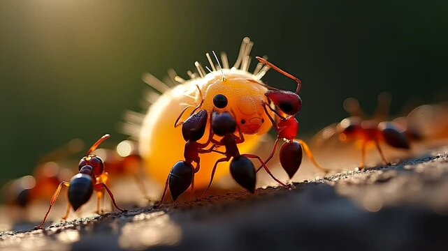Ants interacting with yellow object