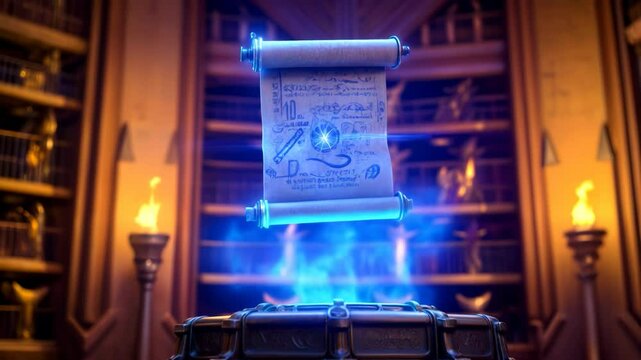 Magical scroll reveals secrets in ancient library setting with glowing light effects and mystical atmosphere