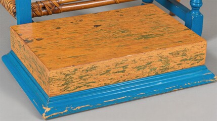 Close-up of a rectangular wooden platform with light orange-brown top, green paint flecks, and teal blue base showing wear and woo
