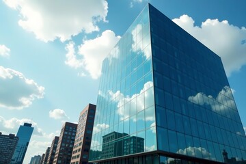 Modern glass building reflecting cloudy sky in urban cityscape, clouds, glass