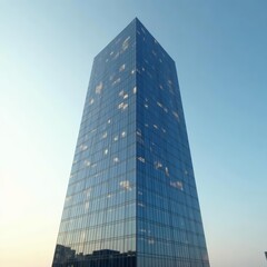 Obraz premium Modern glass skyscraper towering against clear sky, business, buildings