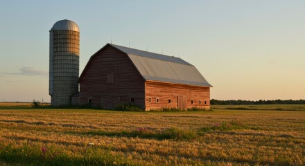 Rustic barn and silo at sunset serene rural landscape peaceful farmland scene