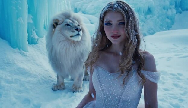 Beautiful woman with white lion looking regal against icy landscape