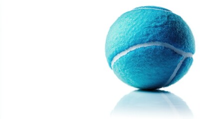 A sleek blue tennis ball rests on a clean white background, showcasing its design and texture. This image highlights the simplicity and elegance of sports equipment.