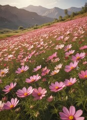 Obraz premium Endless rows of cosmos in full bloom, bathed in warm sunlight , design, red, background