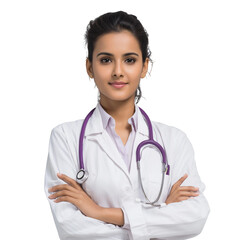 Young doctor woman, isolated on transparent background.