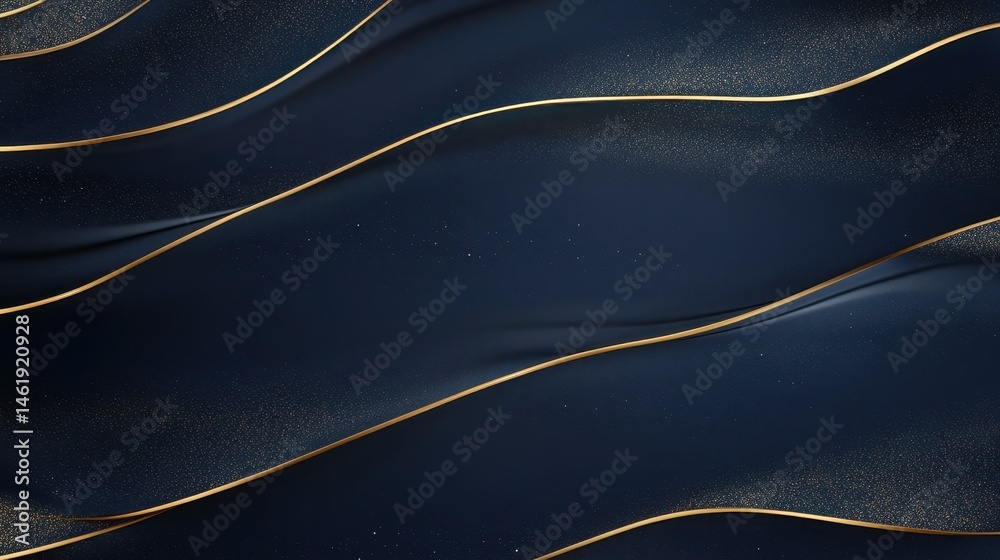 Poster Abstract Dark Blue Background with Golden Wavy Lines and Glitter Decorative Pattern for Modern and Luxurious Design with Elegant Shiny Texture