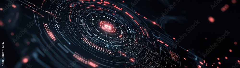 Poster Abstract Dark Blue Technology Background with Glowing Red And White Particles In Circular Swirls Highlighting Futuristic Network Connection And Digital Communication