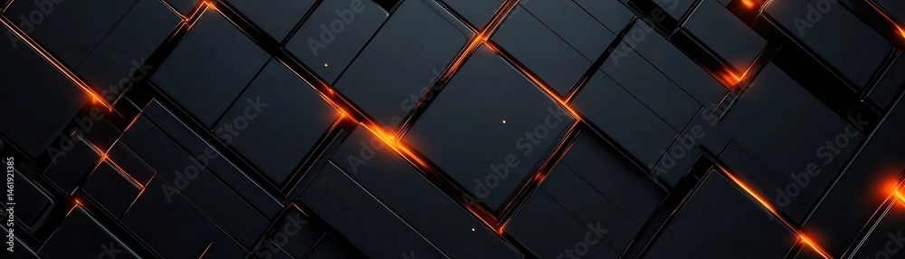 Poster abstract dark geometric background with interconnected squares and vibrant orange light accents for 