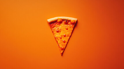 A single slice of cheesy pizza on a bright orange background, highlighting its delicious toppings and crust.
