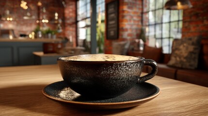 Fototapeta premium Warm cup of coffee on wooden table in a cozy cafe with industrial decor and rustic charm, inviting atmosphere for relaxation