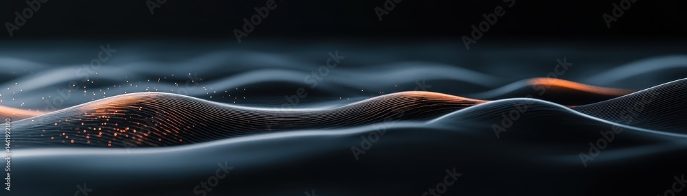 Poster Abstract Data Stream Waves in Dark Blue and Orange Background for Technology Design with Dynamic Glowing Pixels Modern Art and Futuristic Vibe