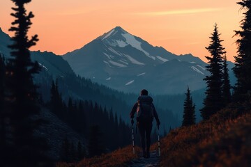 Fototapeta premium Hiker exploring stunning mountain trails at sunset near snow-capped peaks