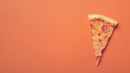 A single slice of pepperoni pizza on a vibrant orange background, showcasing its cheesy goodness.