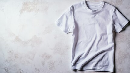 A casual white t-shirt elegantly placed on a textured neutral background, showcasing simplicity and style ideal for clothing promotion or fashion design ideas.