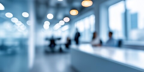 Fototapeta premium A blurry image of a business meeting room with people sitting at desks and a counter. The room is dimly lit and the people are wearing suits. Scene is professional and serious