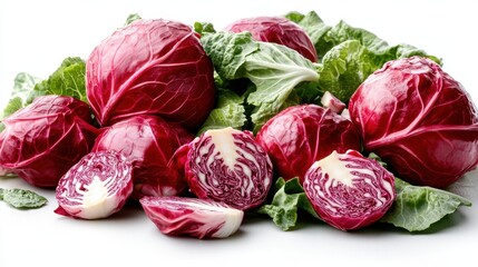 This image features a group of red cabbages, some sliced in half to reveal their intricate inner structures, emphasizing the natural beauty and details of fresh produce.