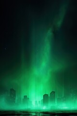 Naklejka premium A cityscape with a green glow in the sky. The city is lit up with neon lights and the sky is filled with green auroras. Scene is futuristic and otherworldly