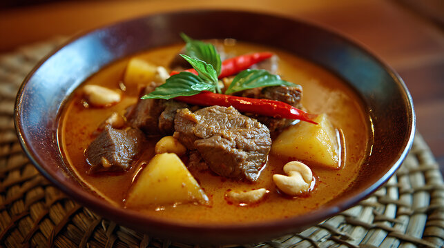 Hearty Curry Delight: Savor the richness of a beautifully composed curry, featuring succulent chunks of meat, perfectly cooked potatoes, and aromatic cashew nuts.