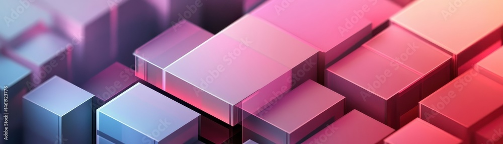 Poster Abstract Geometric Cube Background in Pink Purple and Blue Gradient Shiny Metallic Surface 3D Rendering Modern Design